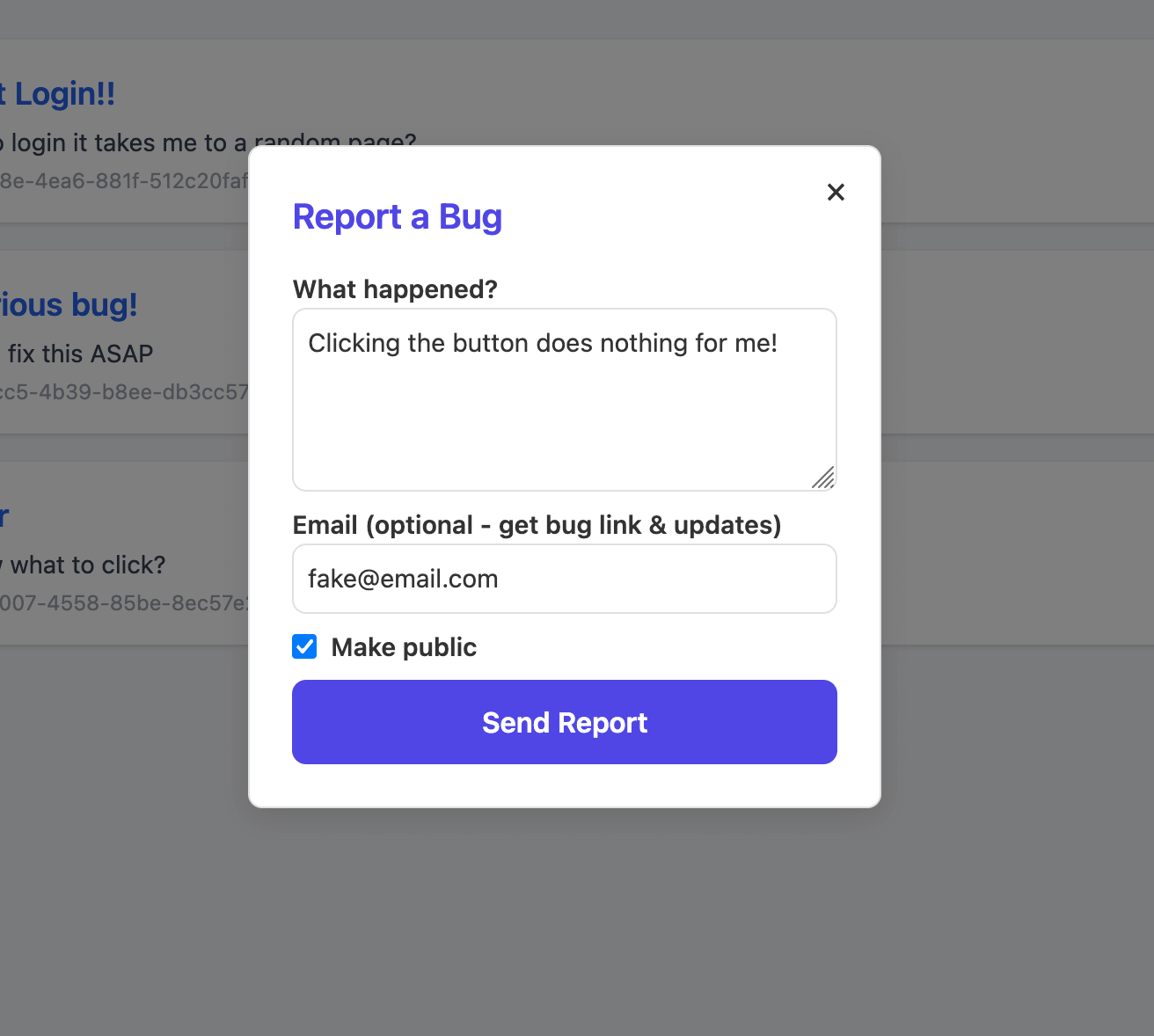 Send Bug Popup